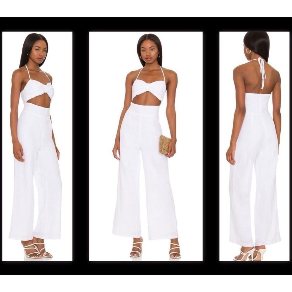 SNDYS Revolve White Jumpsuit Open Front Wide Leg Small 100% Cotton #1000